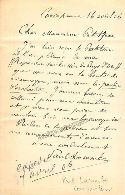 Lacombe, Paul - Autograph Letter Signed 1906