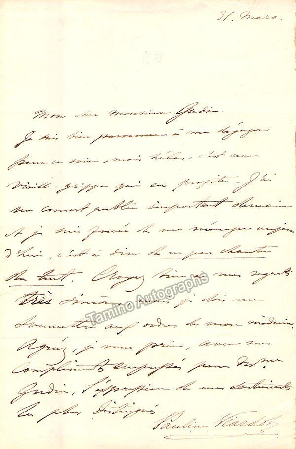 Viardot, Pauline - Pair of Autograph Letter Signed + Autograph Note Signed - Tamino