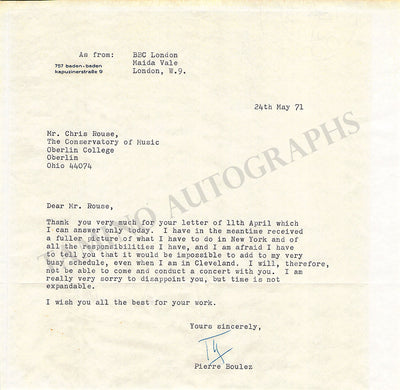 Boulez, Pierre - Typed Letter Signed 1971