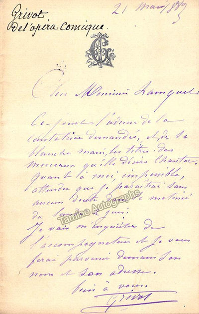Grivot, Pierre - Autograph Letter Signed 1889