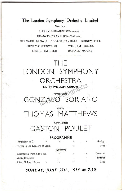 Poulet, Gaston - Soriano, Gonzalo - Matthews, Thomas - Signed Program London 1954