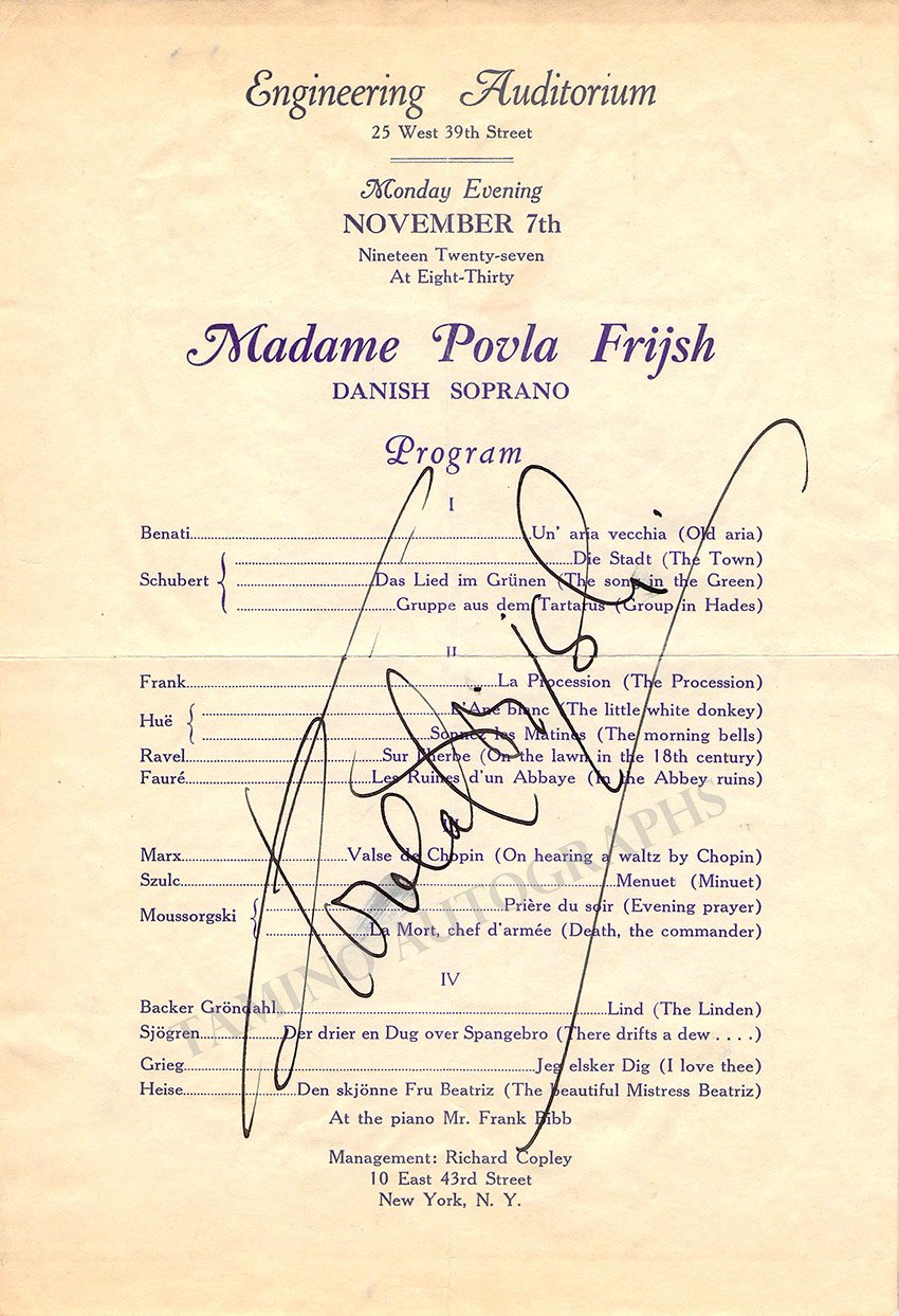 Frijsh, Povla - Signed Program New York 1927