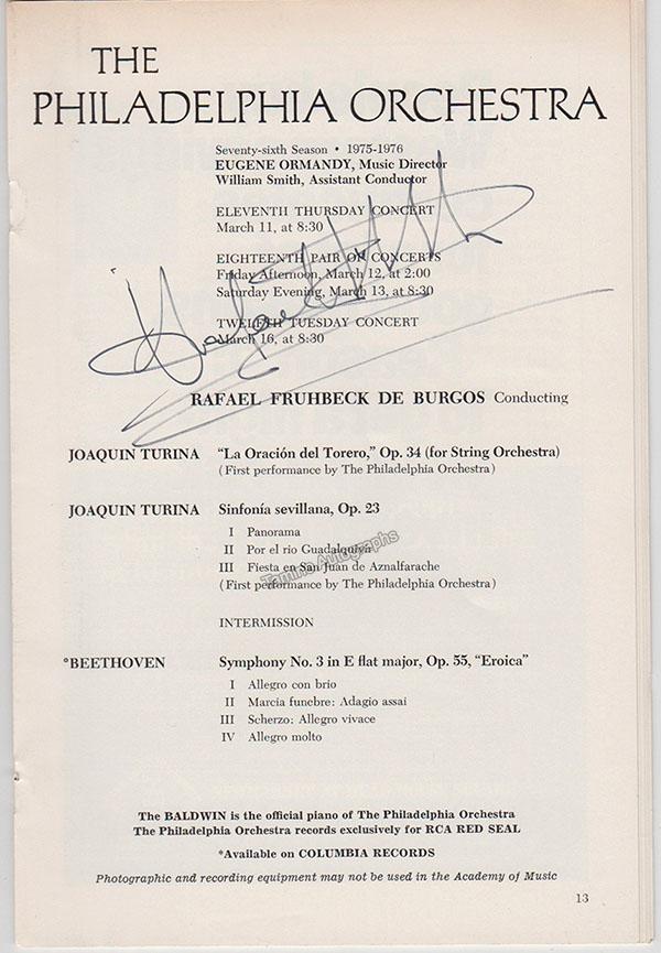 Fruhbeck de Burgos, Rafael - Signed Program Philadelphia 1976