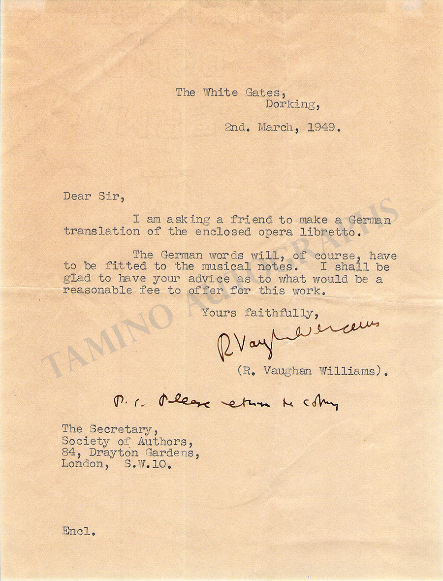 Vaughan Williams, Ralph - Typed Letter Signed 1949