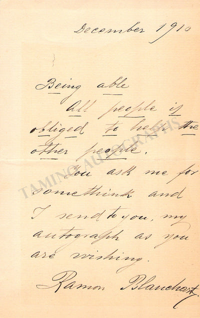 Blanchart, Ramon - Autograph Note Signed 1910