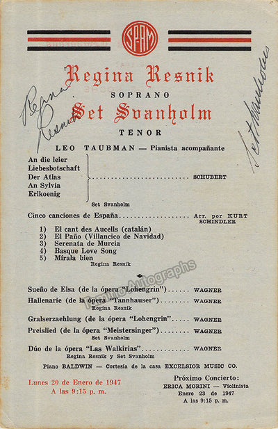 Resnik, Regina - Svanholm, Set - Double Signed Program Havana 1947
