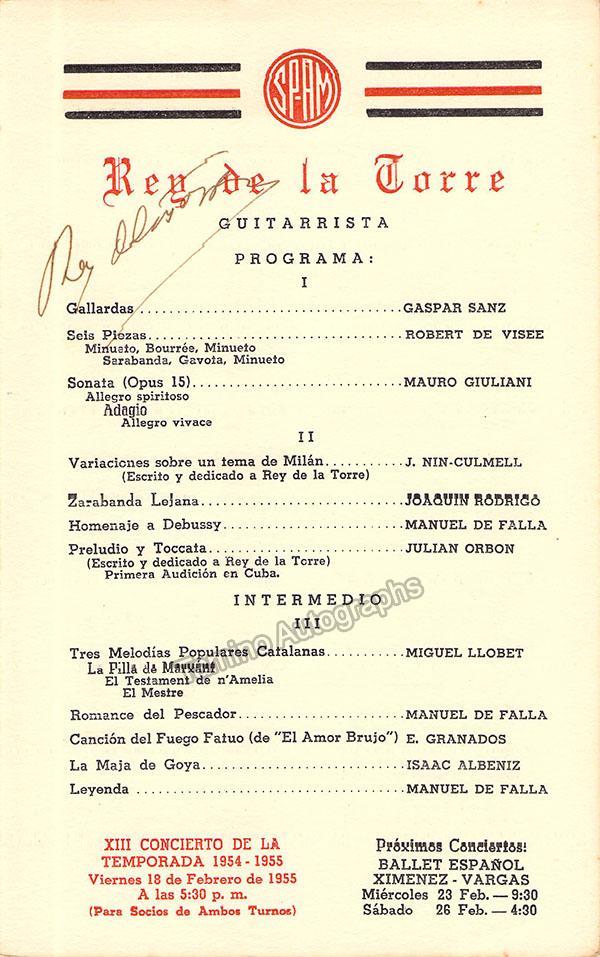 De la Torre, Rey - Signed Program Havana 1955 - Tamino