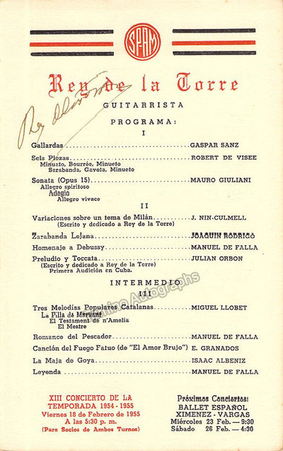 De la Torre, Rey - Signed Program Havana 1955