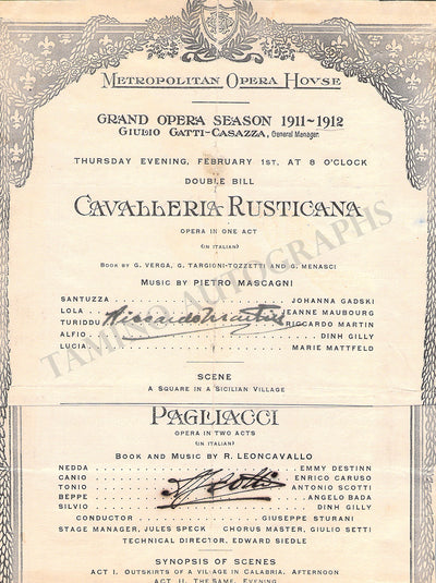 Scotti, Antonio - Martin, Riccardo - Signed Cast Page Met 1912