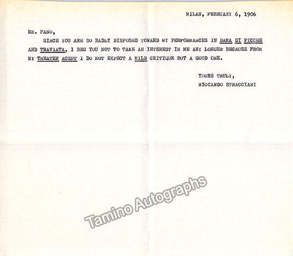 Stracciari, Riccardo - Autograph Note Signed 1906 - Tamino