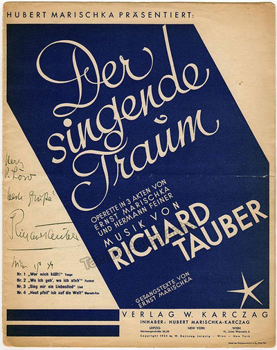 Tauber, Richard - Signed Printed Score Der Singende Traum 1934