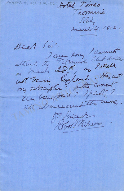 Hichens, Robert - Autograph Note Signed 1912