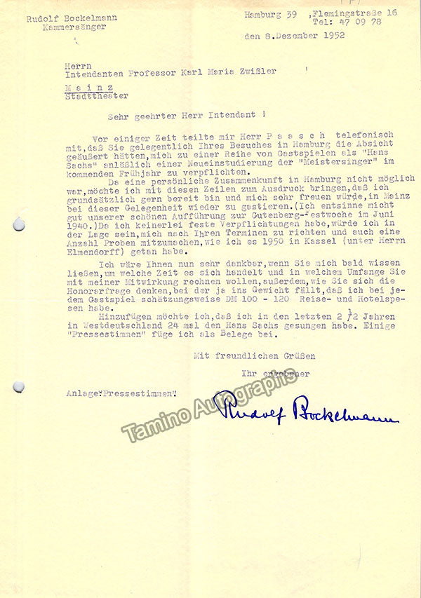 Rudolf Bockelmann Autograph Tamino