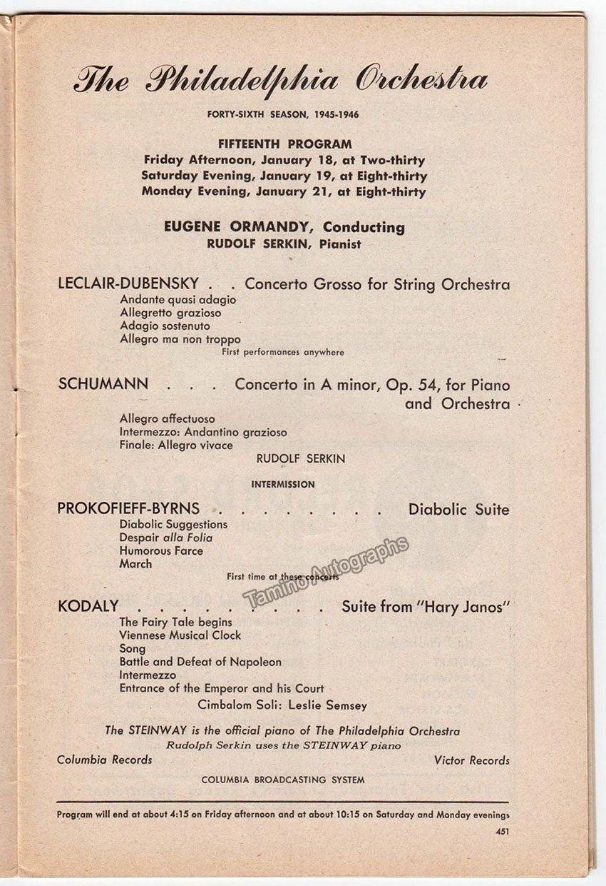 Serkin, Rudolf - Concert Program Philadelphia 1946