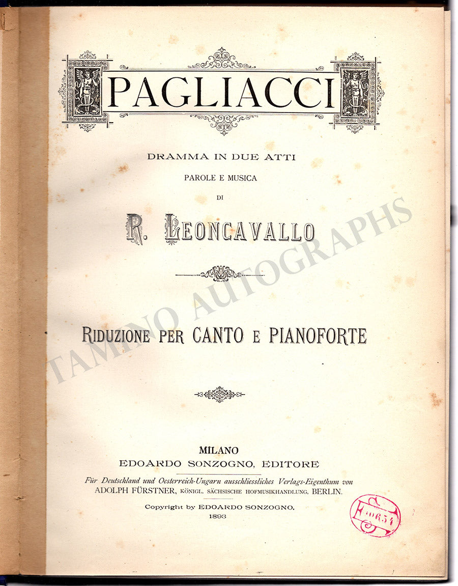 Leoncavallo, Ruggero - Signed Score "Pagliacci" 1909