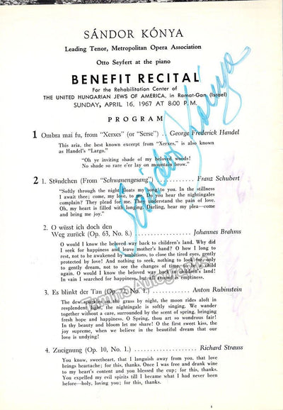 Konya, Sandor - Signed Program New York 1967