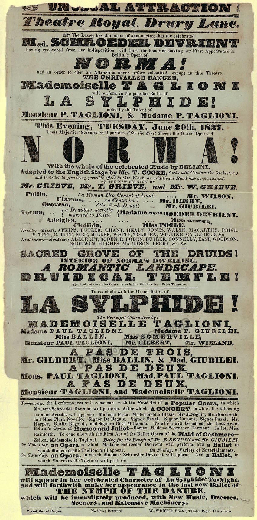 Schroder-Devrient, Wilhelmine - Taglioni, Marie - Large Playbill London 1837