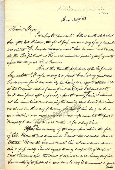 Winner, Septimius - Autograph Letter 1883