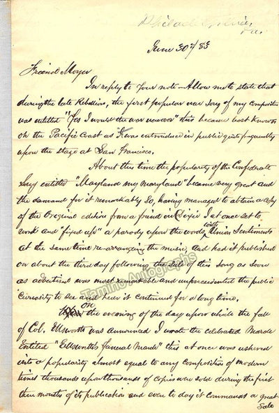 Winner, Septimius - Autograph Letter 1883