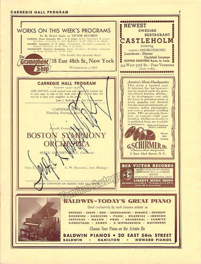 Koussevitzky, Serge - Signed Program Carnegie Hall, New York