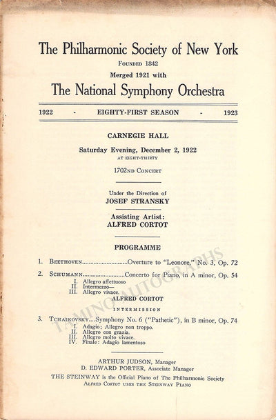 Cortot, Alfred - Concert Program New York 1922