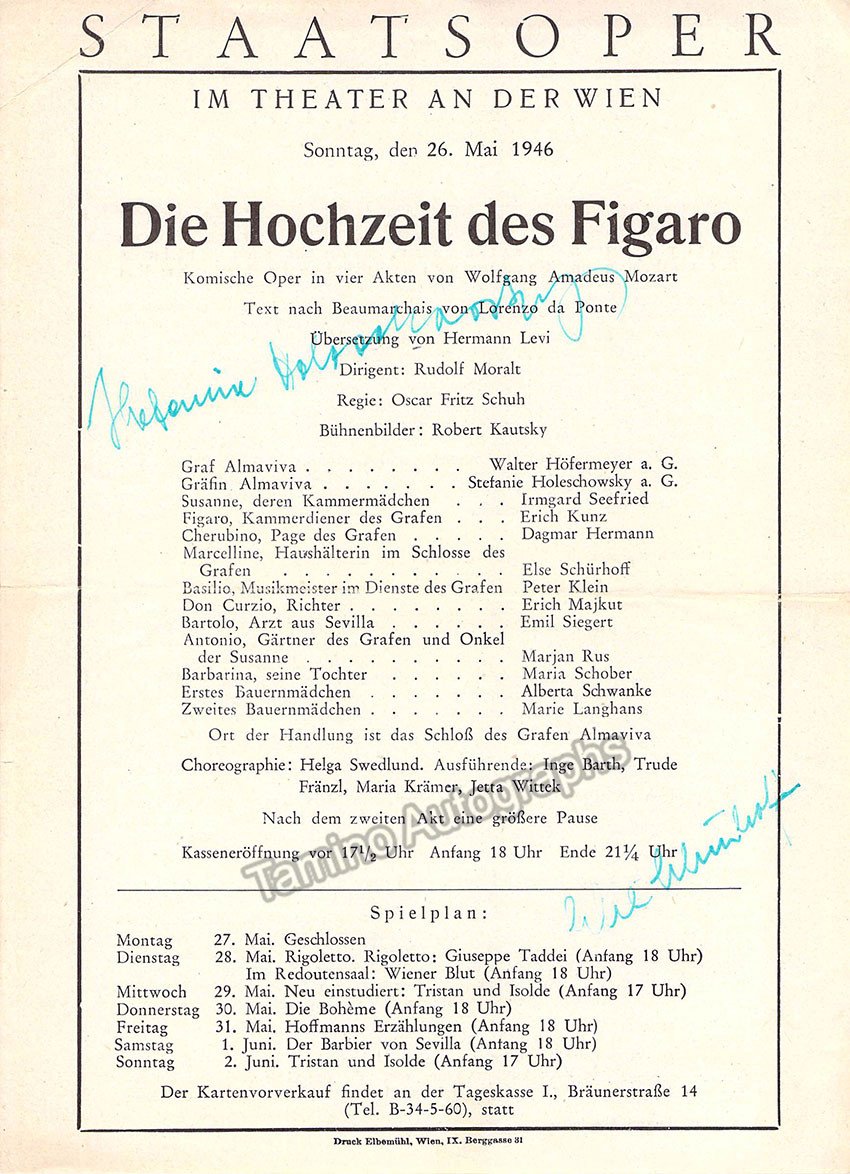 Holeschovsky, Stefanie - Schurhoff, Else - Signed Program Vienna 1946