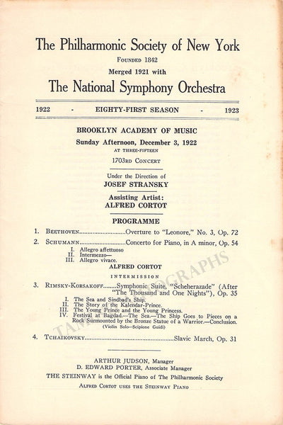 Cortot, Alfred - Concert Program 1922