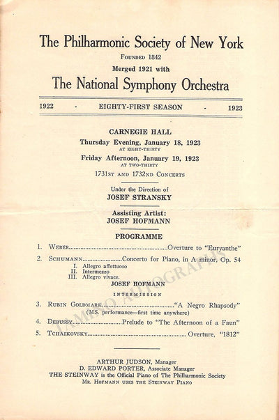 Hofmann, Josef - Concert Program Carnegie Hall 1923