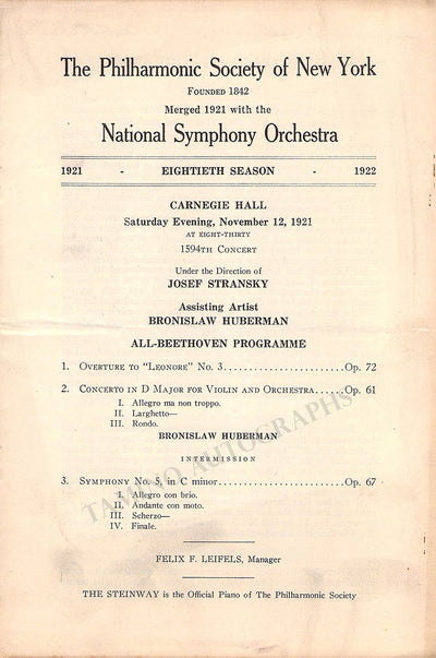 Huberman, Bronislaw - Stransky, Josef - Carnegie Hall Nov. 12th, 1921