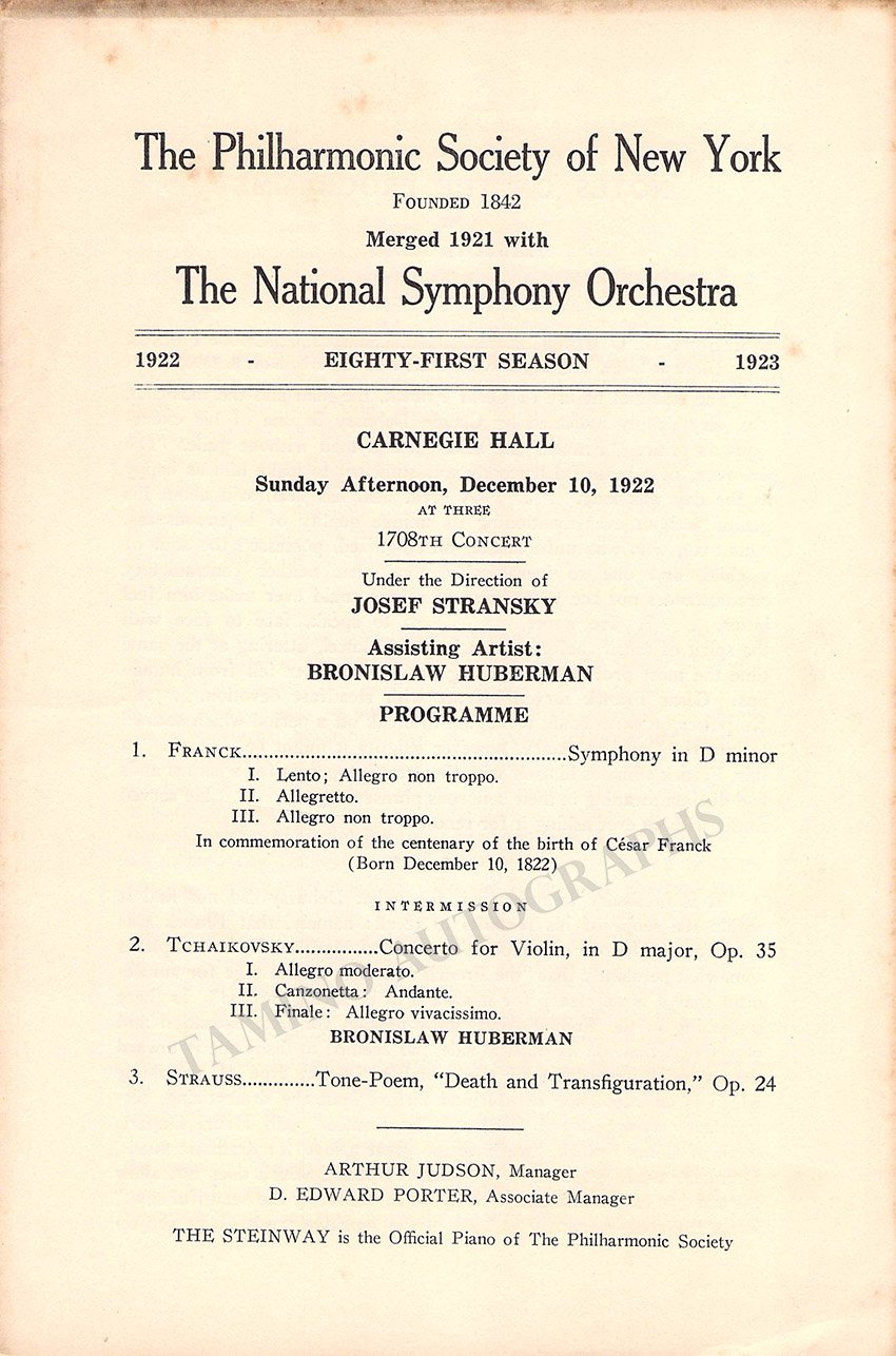 Huberman, Bronislaw - Stransky, Josef - Carnegie Hall Dec. 10th, 1922