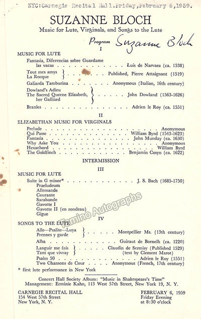 Bloch, Suzanne - Signed Program New York 1959