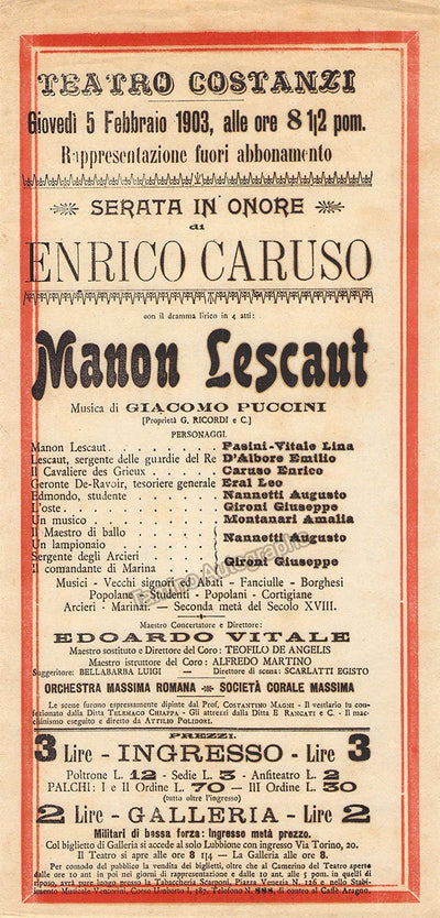 Caruso, Enrico - Playbill Teatro Costanzi Manon Lescaut 1903