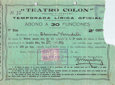 Teatro Colon - First Season Subscription Receipt 1908
