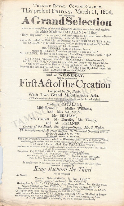 Catalani, Angelica - Braham, John - Playbill 1814 Covent Garden