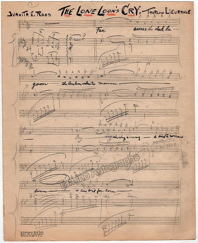 Lieurance, Thurlow - Roos, Juanita - Autograph Song Manuscript "The Lone Loon´s Cry" 1923