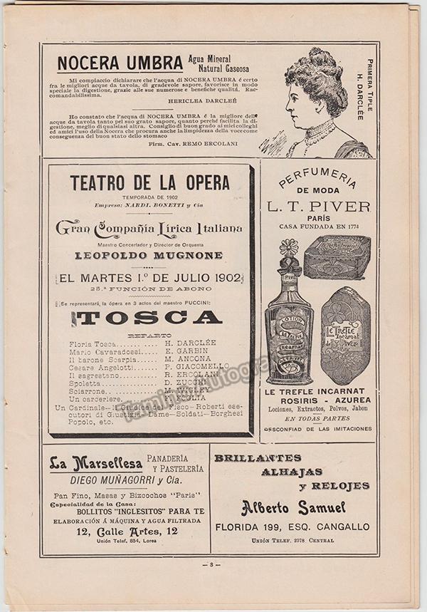 Tosca - Performance Program with Hariclea Darclee Buenos Aires 1902