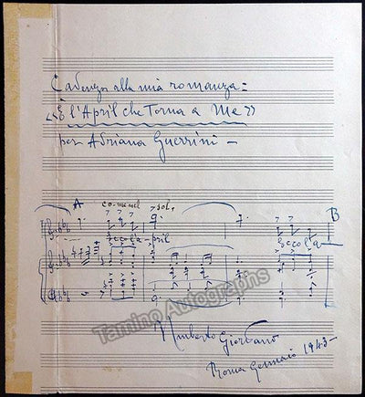 Giordano, Umberto - Guerrini, Adriana - Autograph Music Quote 1943