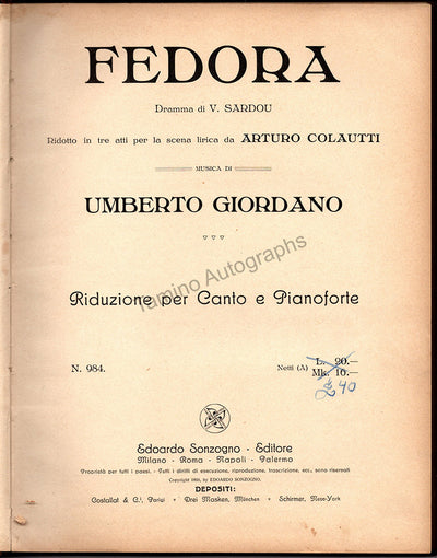 Giordano, Umberto - Signed Score of "Fedora"