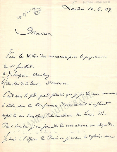 Marcoux, Vanni - Autograph Letter Signed 1909