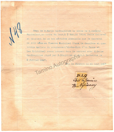Nijinsky, Vaslav -  Signed Contract-Receipt and Drawing 1917