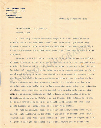 Blasco Ibañez, Vicente - Typed Letter Signed 1922