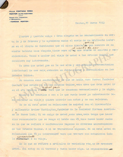 Blasco Ibañez, Vicente - Typed Letter Signed 1923