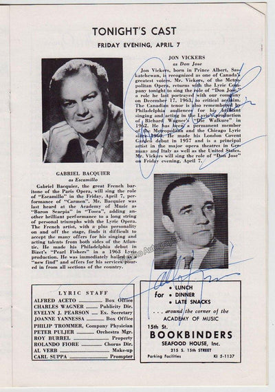 Vickers, Jon - Bacquier, Gabriel - Double Signed Program Philadelphia 1967