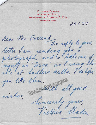 Sladen, Victoria - Autograph Note Signed 1957