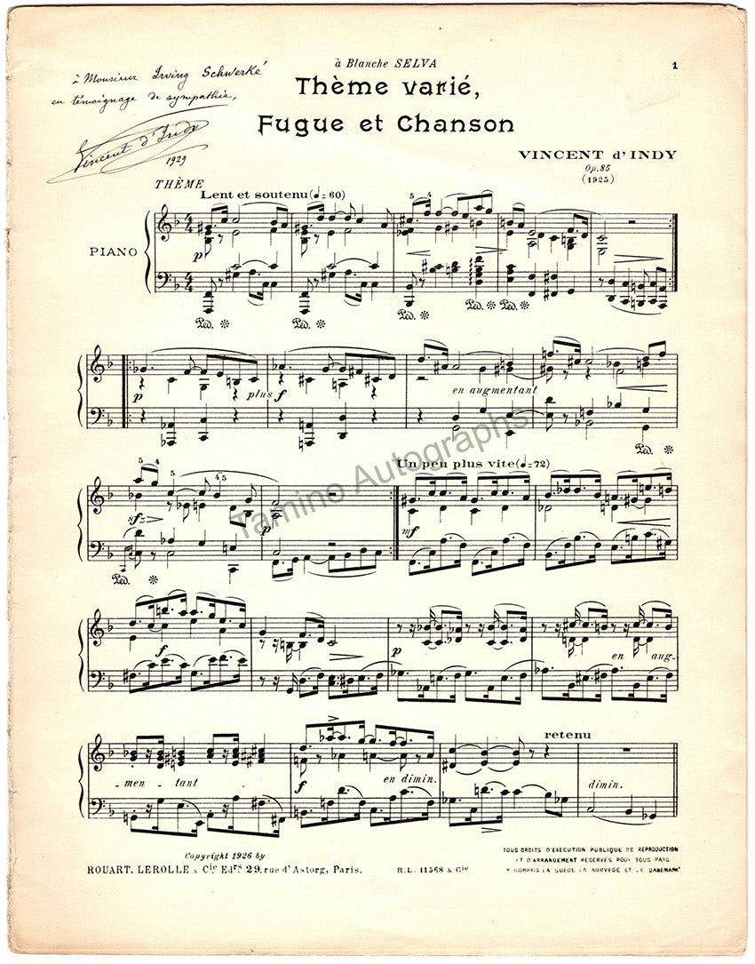 D´Indy, Vincent - Signed Score 1929