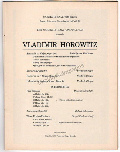 Horowitz, Vladimir - Concert Program Carnegie Hall 1967
