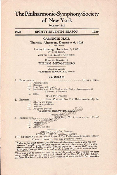 Horowitz, Vladimir - Concert Program 1928 with NY Philharmonic