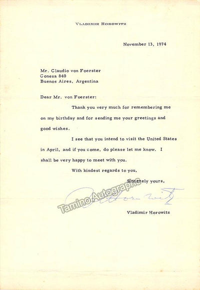Horowitz, Vladimir - Typed Letter Signed 1974