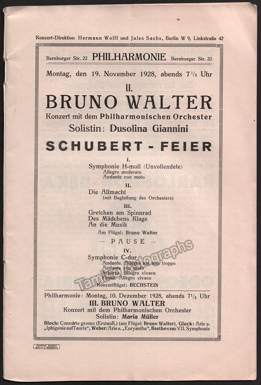 Walter, Bruno - Program Lot Berlin 1926-1928 - Tamino
