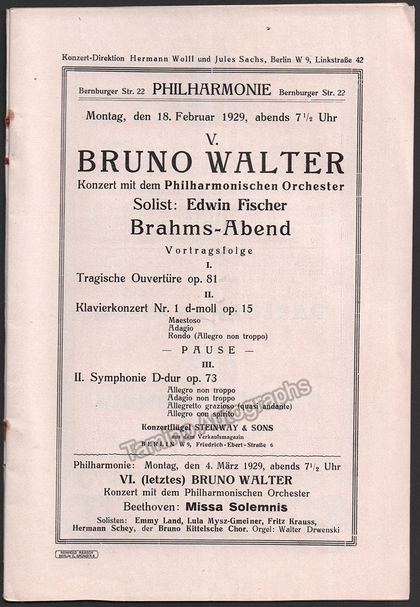 Fischer, Edwin - Concert Program Berlin Philharmonic 1929 - Bruno Walter